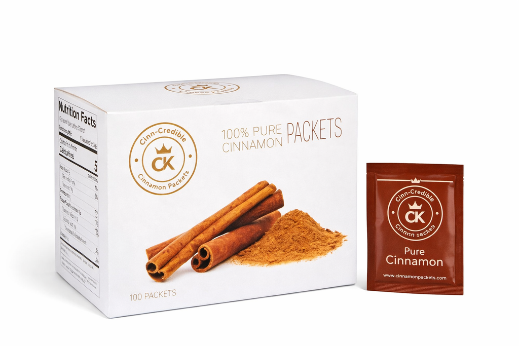 Box of 100 Cinnamon Packets next to a single packet
